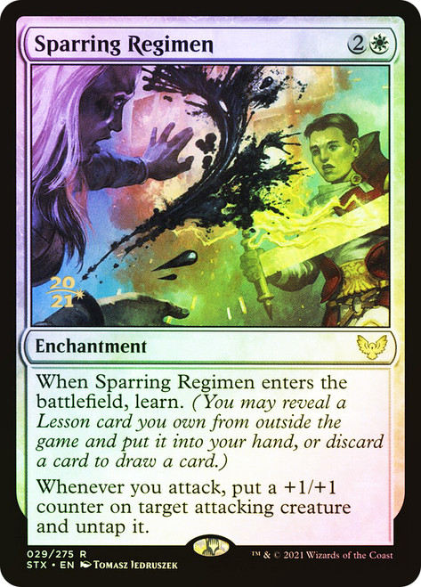 Sparring Regimen (Prerelease) (Strixhaven: School of Mages)\nPromo: Date Stamped\nSingle\nMagic The Gathering