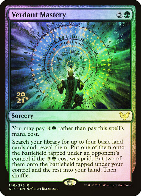 Verdant Mastery (Prerelease) (Strixhaven: School of Mages)\nPromo: Date Stamped\nSingle\nMagic The Gathering