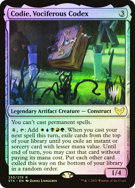 Codie, Vociferous Codex (Promo Pack) (Strixhaven: School of Mages)\nPromo: Planeswalker Stamped\nSingle\nMagic The Gathering