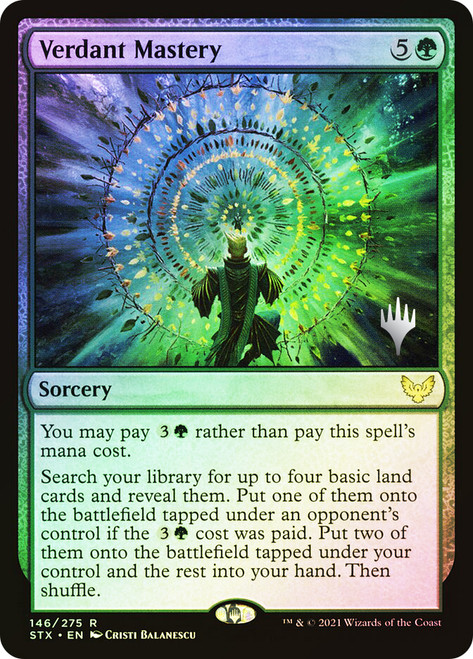 Verdant Mastery (Promo Pack) (Strixhaven: School of Mages)\nPromo: Planeswalker Stamped\nSingle\nMagic The Gathering