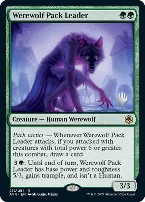 Werewolf Pack Leader (Promo Pack) (Adventures in the Forgotten Realms)\nPromo: Planeswalker Stamped\nSingle\nMagic The Gathering