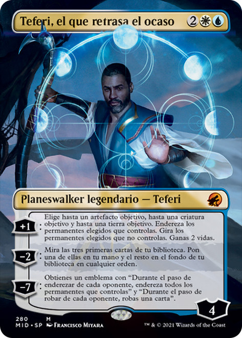 Teferi, Who Slows the Sunset (Borderless)\nInnistrad: Midnight Hunt - Variants - Spanish\nSingle\nMagic The Gathering