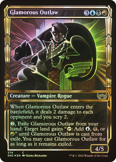 Glamorous Outlaw (Showcase) (Gilded Foil)\nStreets of New Capenna - Alternate Foil\nSingle\nMagic The Gathering