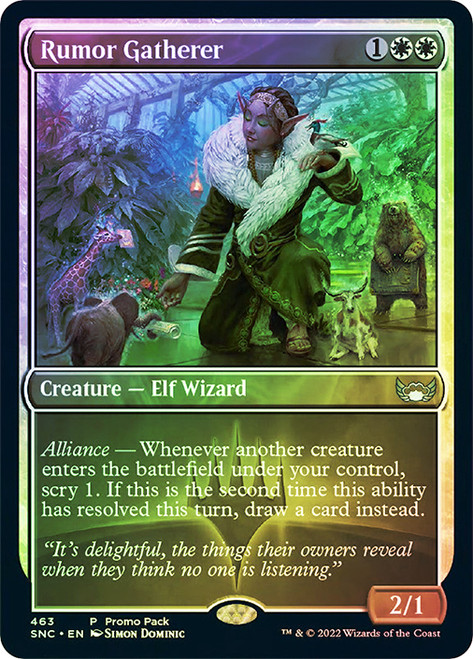 Rumor Gatherer (Promo Pack) (Streets of New Capenna)\nPromo: General\nSingle\nMagic The Gathering
