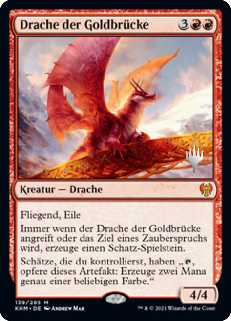 Goldspan Dragon (Promo Pack) (Kaldheim)\nPromo: Planeswalker Stamped - German\nSingle\nMagic The Gathering