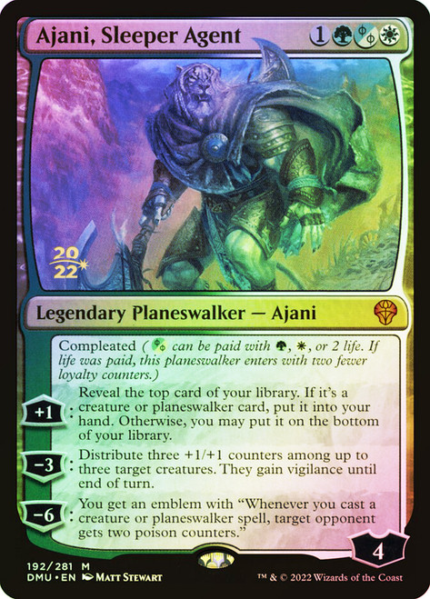 Ajani, Sleeper Agent (Prerelease) (Dominaria United)\nPromo: Date Stamped\nSingle\nMagic The Gathering