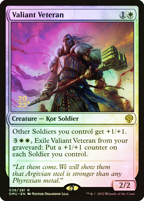 Valiant Veteran (Prerelease) (Dominaria United)\nPromo: Date Stamped\nSingle\nMagic The Gathering