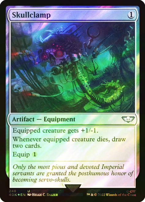 Skullclamp (Surge Foil)\nWarhammer 40,000 Commander - Surge Foil\nSingle\nMagic The Gathering