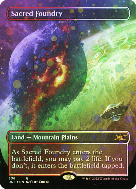 Sacred Foundry (Borderless) (Galaxy Foil)\nUnfinity - Variants - Galaxy Foil\nSingle\nMagic The Gathering