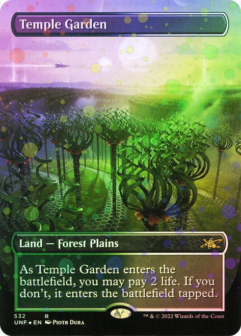 Temple Garden (Borderless) (Galaxy Foil)\nUnfinity - Variants - Galaxy Foil\nSingle\nMagic The Gathering