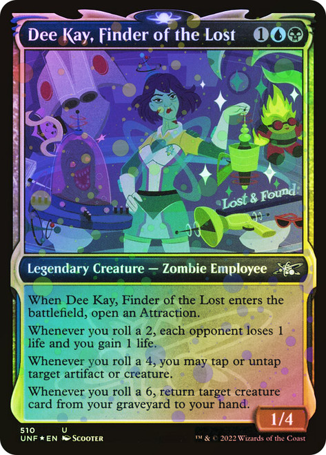 Dee Kay, Finder of the Lost (Showcase) (Galaxy Foil)\nUnfinity - Variants - Galaxy Foil\nSingle\nMagic The Gathering