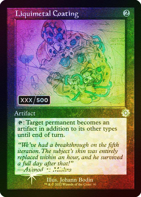 Liquimetal Coating (Serial Number) (Retro Frame)\nThe Brothers' War Retro Artifacts - Serialized\nSingle\nMagic The Gathering