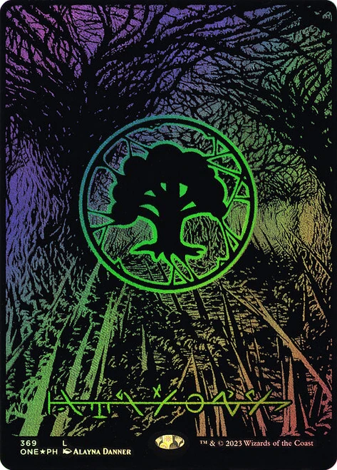 Forest (#369) (Full Art) (Phyrexian) (Oil Slick Foil)\nPhyrexia: All Will Be One - Alternate Foil\nSingle\nMagic The Gathering