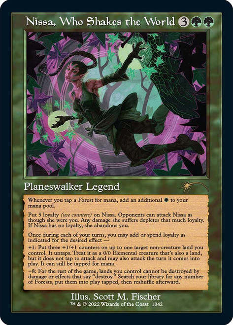Nissa, Who Shakes the World (Secret Lair) (#1042) (Retro Frame)\nPromo: General\nSingle\nMagic The Gathering