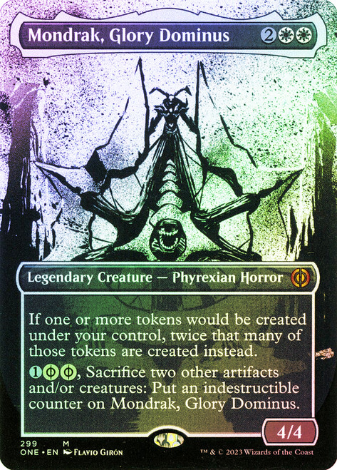 Mondrak, Glory Dominus (#299) (Borderless) (Showcase)\nPhyrexia: All Will Be One - Variants\nSingle\nMagic The Gathering