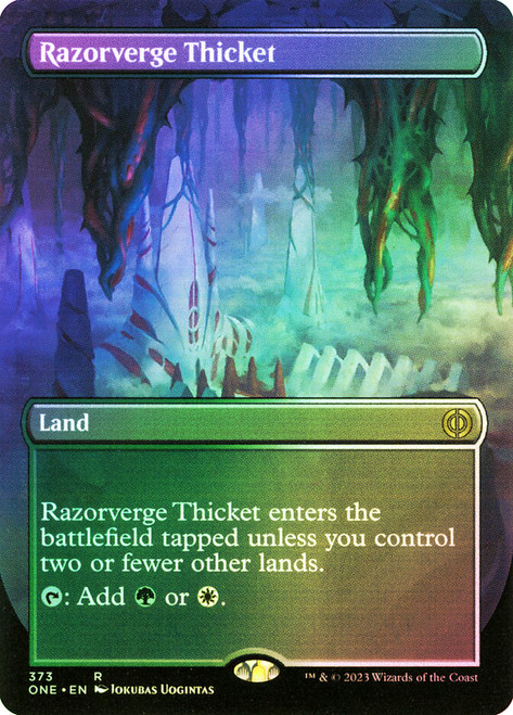 Razorverge Thicket (Borderless)\nPhyrexia: All Will Be One - Variants\nSingle\nMagic The Gathering