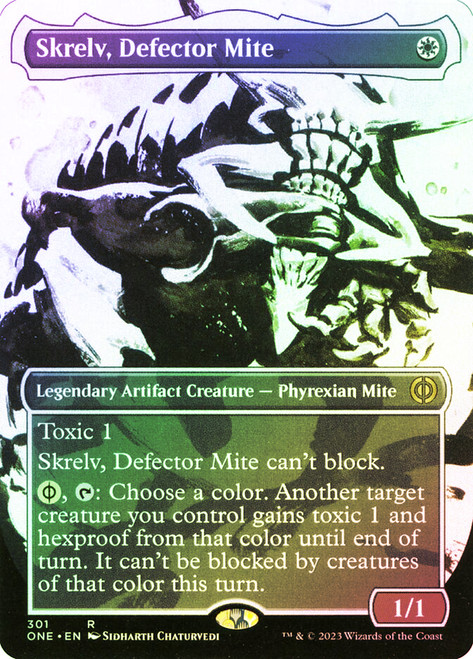 Skrelv, Defector Mite (#301) (Borderless) (Showcase)\nPhyrexia: All Will Be One - Variants\nSingle\nMagic The Gathering