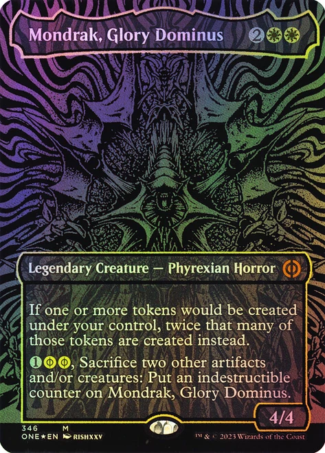 Mondrak, Glory Dominus (#346) (Borderless) (Oil Slick Foil)\nPhyrexia: All Will Be One - Alternate Foil\nSingle\nMagic The Gathering