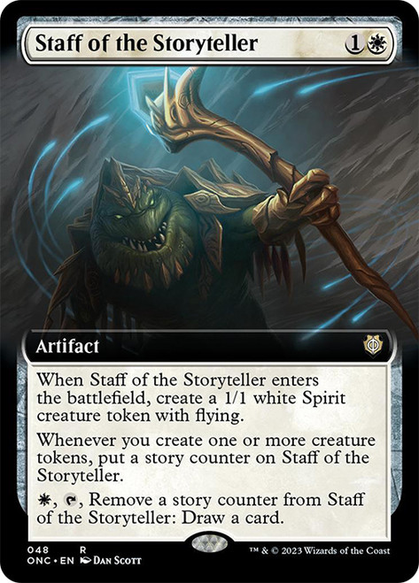 Staff of the Storyteller (Extended Art)\nPhyrexia: All Will Be One Commander - Variants\nSingle\nMagic The Gathering