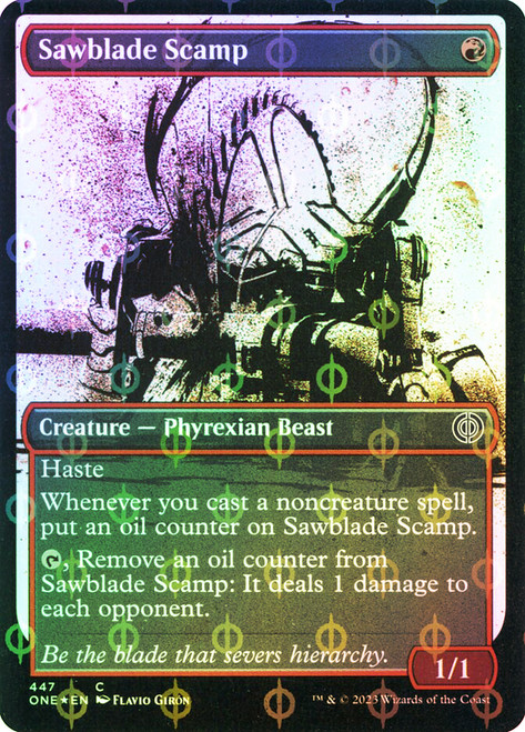 Sawblade Scamp (#447) (Showcase) (Compleat Foil)\nPhyrexia: All Will Be One - Alternate Foil\nSingle\nMagic The Gathering