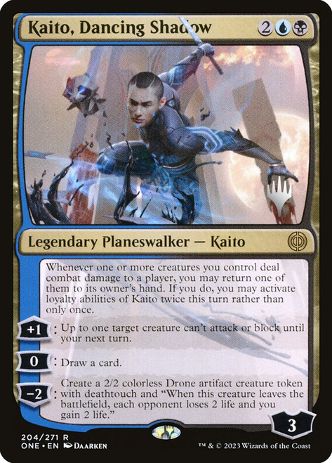 Kaito, Dancing Shadow (Promo Pack) (Phyrexia: All Will Be One)\nPromo: Planeswalker Stamped\nSingle\nMagic The Gathering