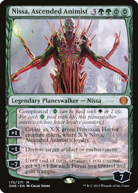 Nissa, Ascended Animist (Promo Pack) (Phyrexia: All Will Be One)\nPromo: Planeswalker Stamped\nSingle\nMagic The Gathering
