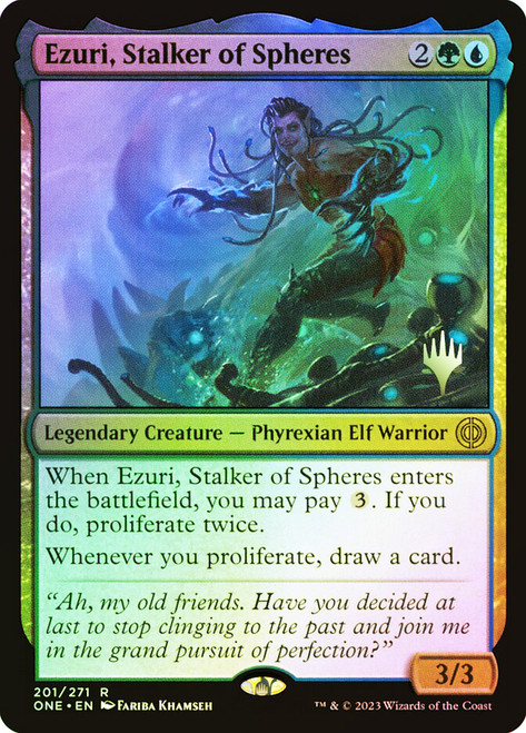 Ezuri, Stalker of Spheres (Promo Pack) (Phyrexia: All Will Be One)\nPromo: Planeswalker Stamped\nSingle\nMagic The Gathering
