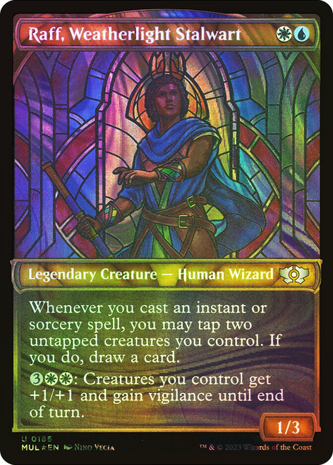 Raff, Weatherlight Stalwart (Showcase) (Halo Foil)\nMultiverse Legends - Alternate Foil\nSingle\nMagic The Gathering
