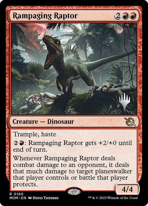 Rampaging Raptor (Promo Pack) (March of the Machine)\nPromo: Planeswalker Stamped\nSingle\nMagic The Gathering