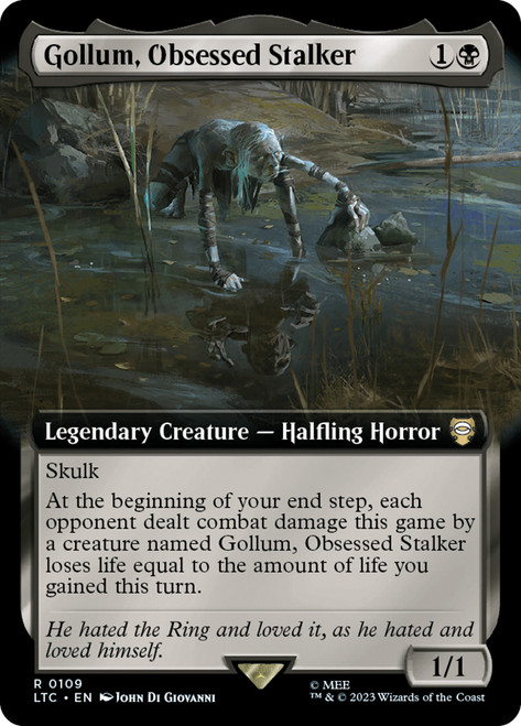 Gollum, Obsessed Stalker (Extended Art)\nThe Lord of the Rings Commander - Variants\nSingle\nMagic The Gathering