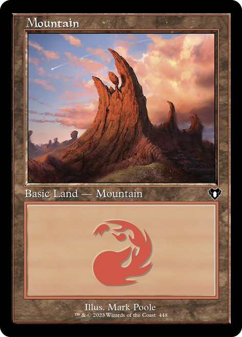 Mountain (#448) (Retro Frame)\nCommander Masters - Retro Frame\nSingle\nMagic The Gathering