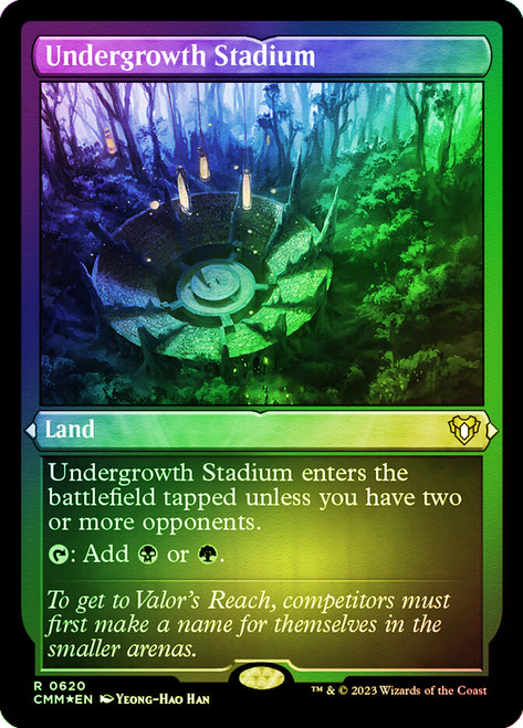 Undergrowth Stadium (Foil Etched)\nCommander Masters - Alternate Foil\nSingle\nMagic The Gathering