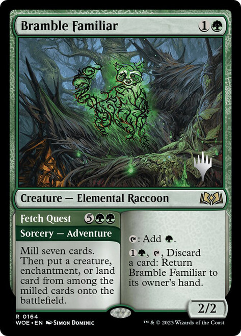 Bramble Familiar // Fetch Quest (Promo Pack) (Wilds of Eldraine)\nPromo: Planeswalker Stamped\nSingle\nMagic The Gathering