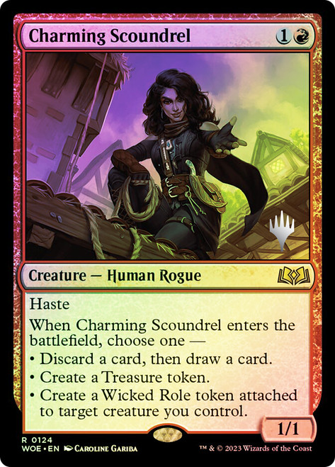 Charming Scoundrel (Promo Pack) (Wilds of Eldraine)\nPromo: Planeswalker Stamped\nSingle\nMagic The Gathering