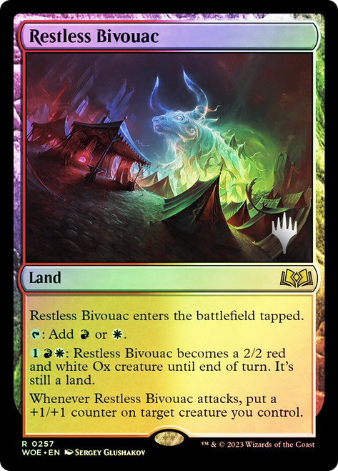 Restless Bivouac (Promo Pack) (Wilds of Eldraine)\nPromo: Planeswalker Stamped\nSingle\nMagic The Gathering