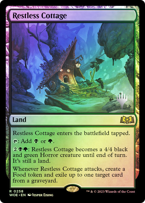 Restless Cottage (Promo Pack) (Wilds of Eldraine)\nPromo: Planeswalker Stamped\nSingle\nMagic The Gathering
