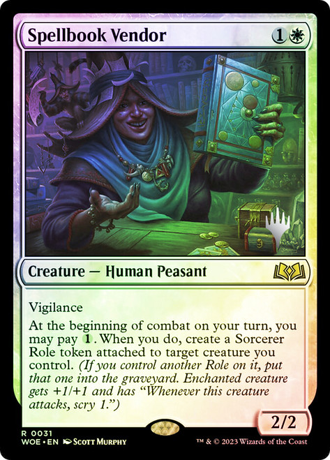 Spellbook Vendor (Promo Pack) (Wilds of Eldraine)\nPromo: Planeswalker Stamped\nSingle\nMagic The Gathering