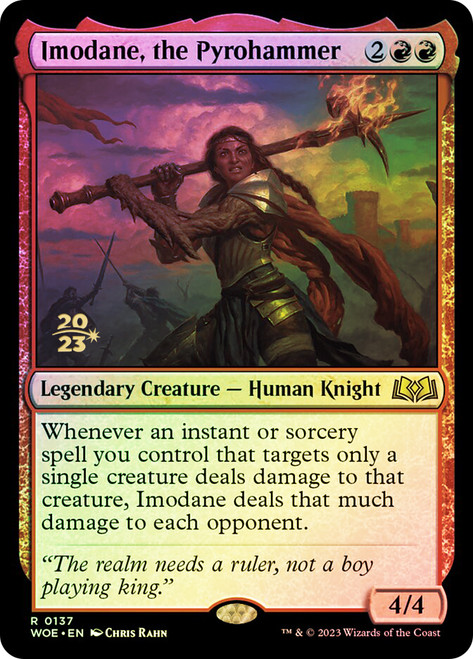 Imodane, the Pyrohammer (Prerelease) (Wilds of Eldraine)\nPromo: Date Stamped\nSingle\nMagic The Gathering