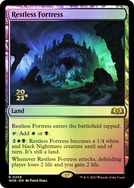 Restless Fortress (Prerelease) (Wilds of Eldraine)\nPromo: Date Stamped\nSingle\nMagic The Gathering