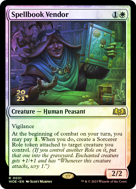 Spellbook Vendor (Prerelease) (Wilds of Eldraine)\nPromo: Date Stamped\nSingle\nMagic The Gathering