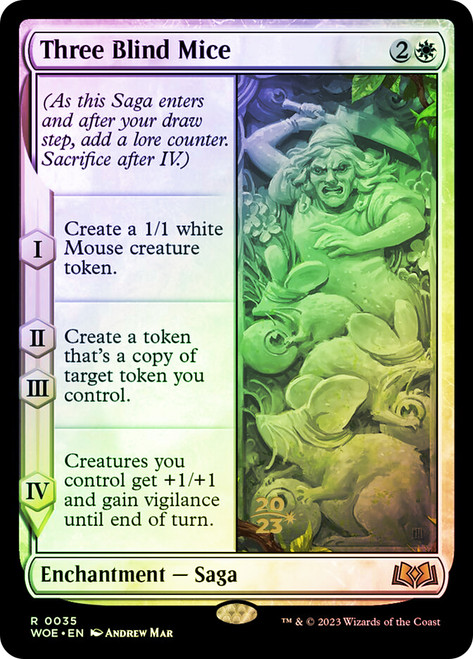 Three Blind Mice (Prerelease) (Wilds of Eldraine)\nPromo: Date Stamped\nSingle\nMagic The Gathering