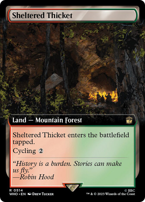 Sheltered Thicket (Extended Art)\nDoctor Who Commander - Variants\nSingle\nMagic The Gathering