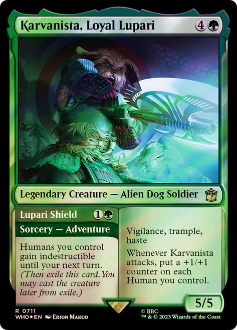 Karvanista, Loyal Lupari // Lupari Shield (Surge Foil)\nDoctor Who Commander - Alternate Foil\nSingle\nMagic The Gathering