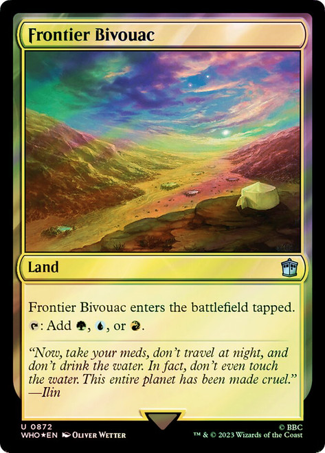 Frontier Bivouac (Surge Foil)\nDoctor Who Commander - Alternate Foil\nSingle\nMagic The Gathering