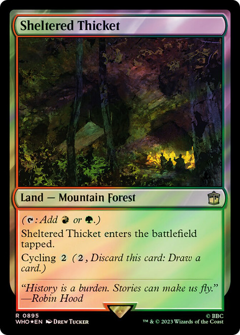 Sheltered Thicket (Surge Foil)\nDoctor Who Commander - Alternate Foil\nSingle\nMagic The Gathering