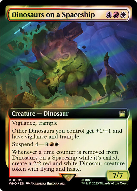 Dinosaurs on a Spaceship (Extended Art) (Surge Foil)\nDoctor Who Commander - Alternate Foil Variants\nSingle\nMagic The Gathering