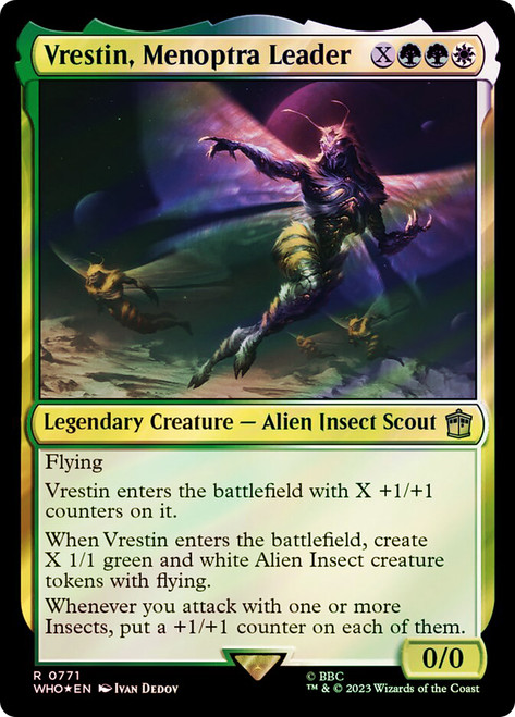 Vrestin, Menoptra Leader (Surge Foil)\nDoctor Who Commander - Alternate Foil\nSingle\nMagic The Gathering
