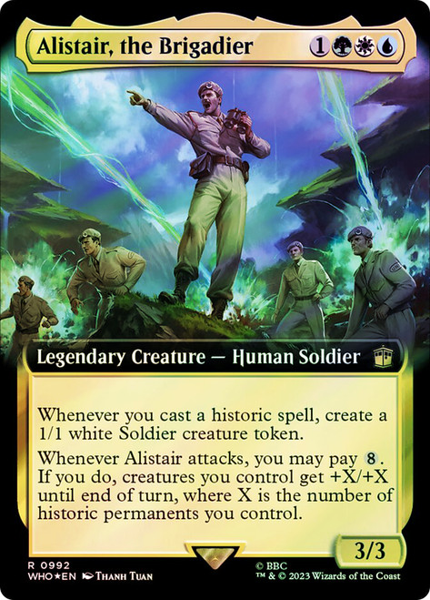 Alistair, the Brigadier (Extended Art) (Surge Foil)\nDoctor Who Commander - Alternate Foil Variants\nSingle\nMagic The Gathering