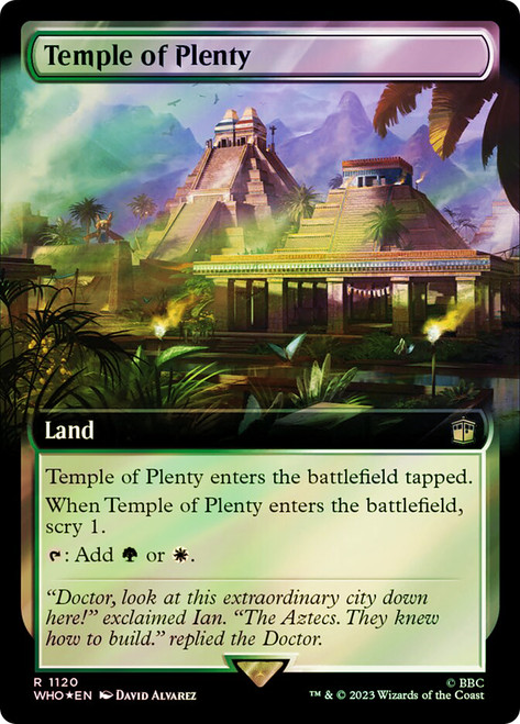 Temple of Plenty (Extended Art) (Surge Foil)\nDoctor Who Commander - Alternate Foil Variants\nSingle\nMagic The Gathering