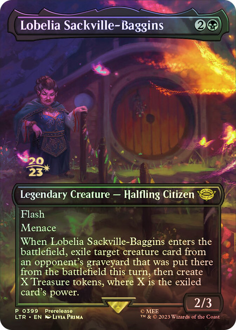 Lobelia Sackville-Baggins (Prerelease) (The Lord of the Rings) (Borderless)\nPromo: Date Stamped\nSingle\nMagic The Gathering